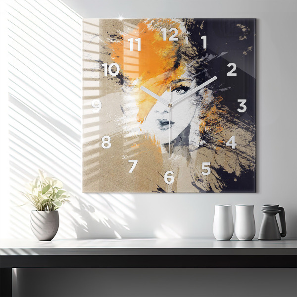 Square glass wall clock Portrait of a woman abstract