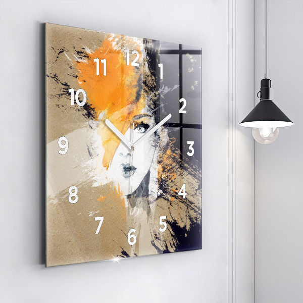 Square glass wall clock Portrait of a woman abstract