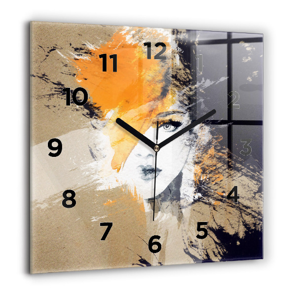 Square glass wall clock Portrait of a woman abstract
