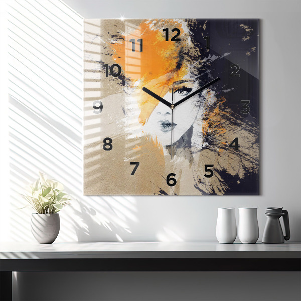 Square glass wall clock Portrait of a woman abstract