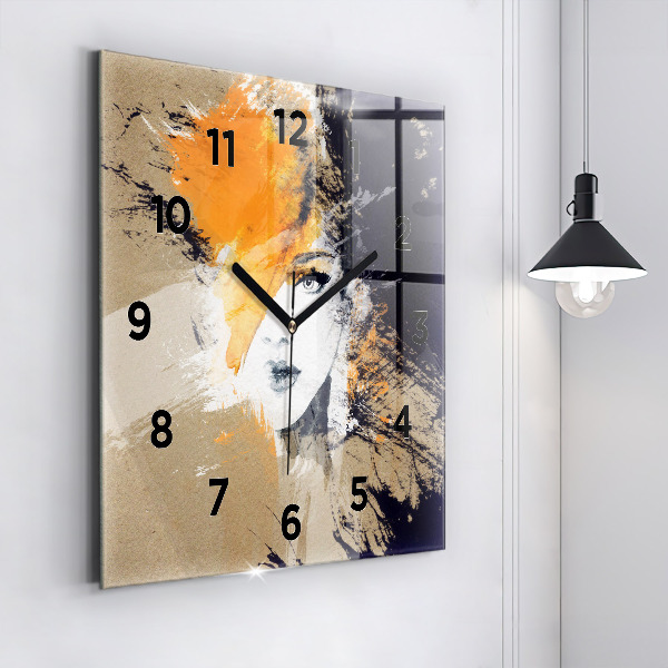 Square glass wall clock Portrait of a woman abstract