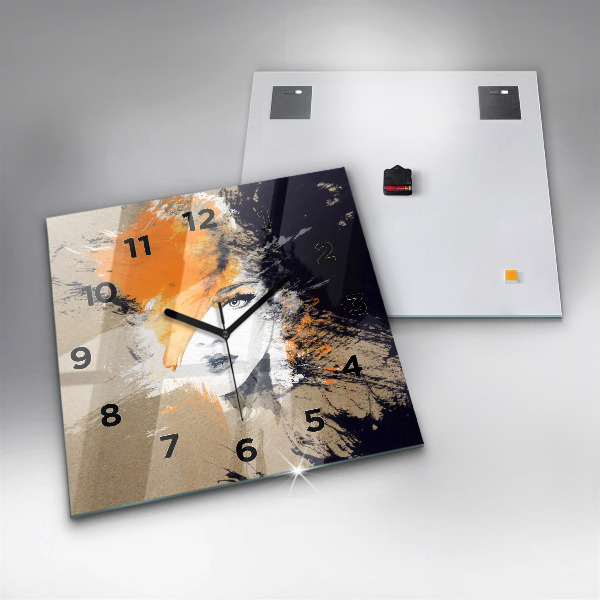 Square glass wall clock Portrait of a woman abstract