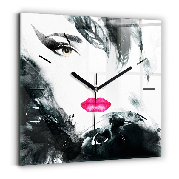 Square glass wall clock Portrait of a woman red lips