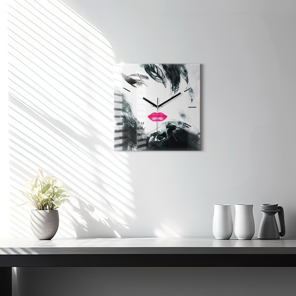 Square glass wall clock Portrait of a woman red lips