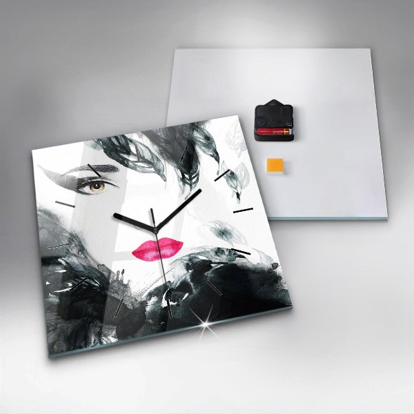 Square glass wall clock Portrait of a woman red lips