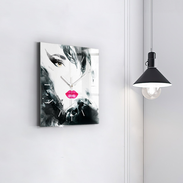 Square glass wall clock Portrait of a woman red lips