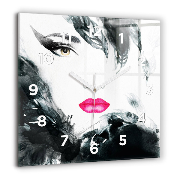 Square glass wall clock Portrait of a woman red lips