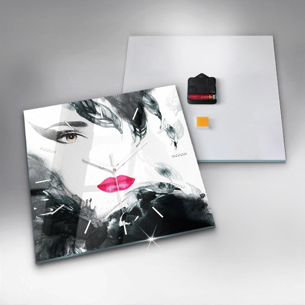 Square glass wall clock Portrait of a woman red lips