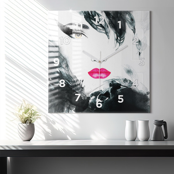 Square glass wall clock Portrait of a woman red lips