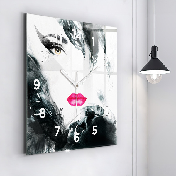 Square glass wall clock Portrait of a woman red lips