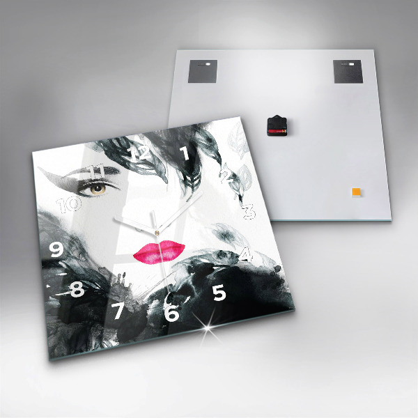 Square glass wall clock Portrait of a woman red lips