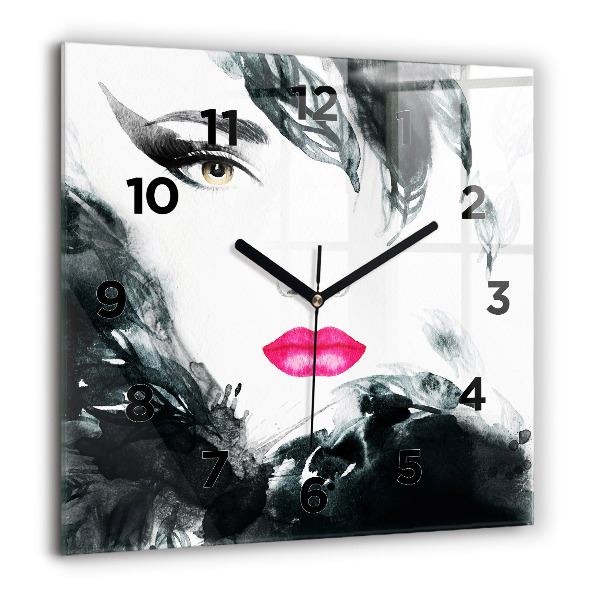 Square glass wall clock Portrait of a woman red lips