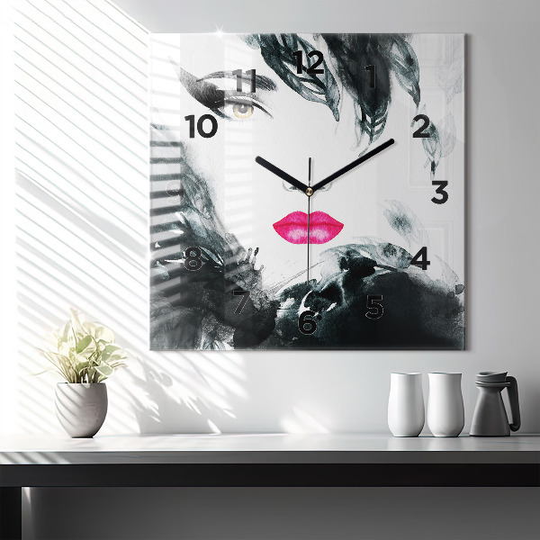 Square glass wall clock Portrait of a woman red lips