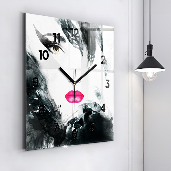 Square glass wall clock Portrait of a woman red lips