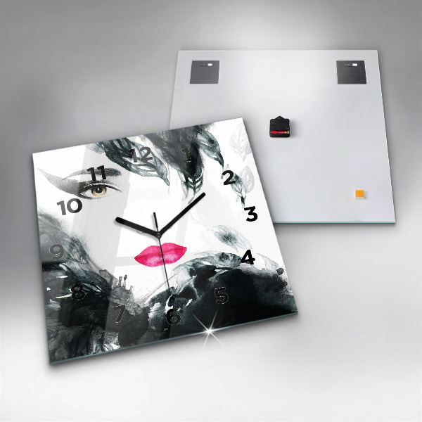 Square glass wall clock Portrait of a woman red lips