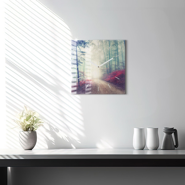 Square glass wall clock Autumn road Forest Fog