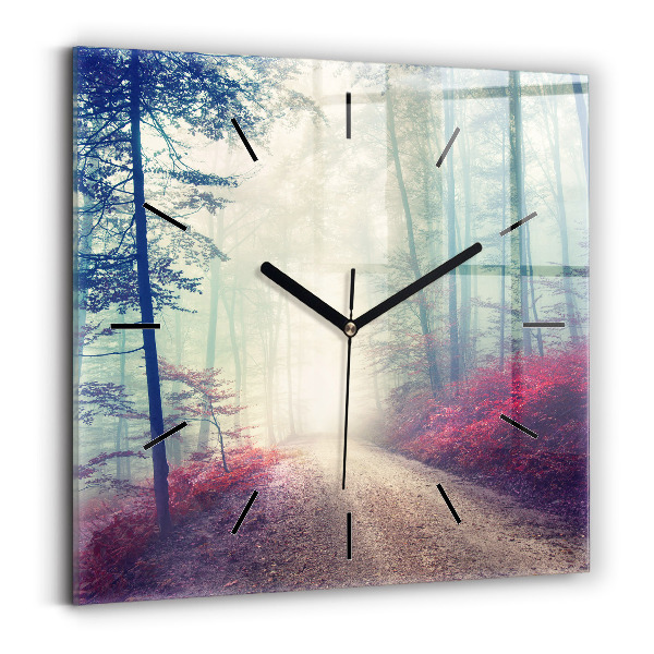 Square glass wall clock Autumn road Forest Fog