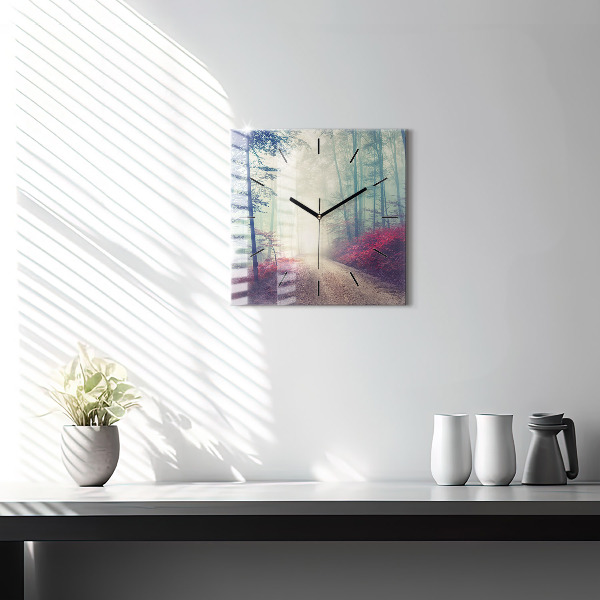Square glass wall clock Autumn road Forest Fog