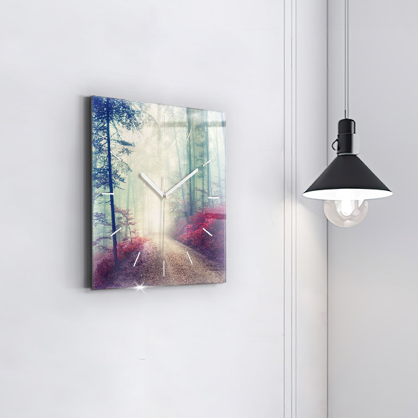Square glass wall clock Autumn road Forest Fog