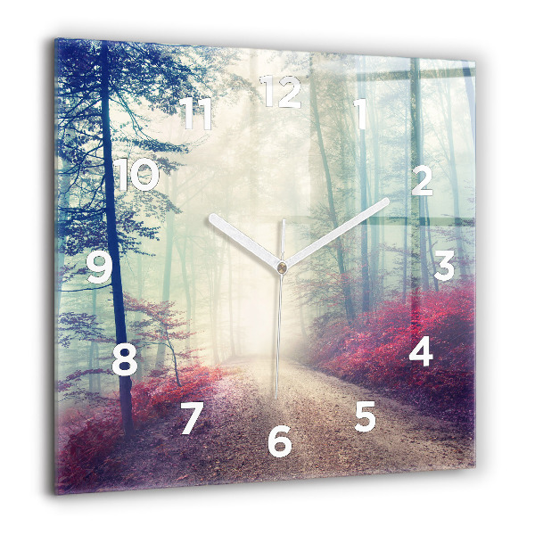 Square glass wall clock Autumn road Forest Fog