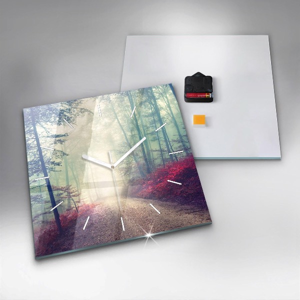 Square glass wall clock Autumn road Forest Fog