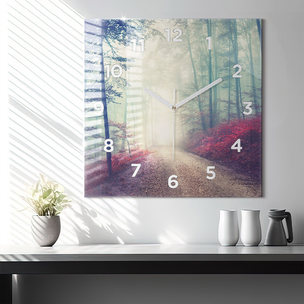 Square glass wall clock Autumn road Forest Fog