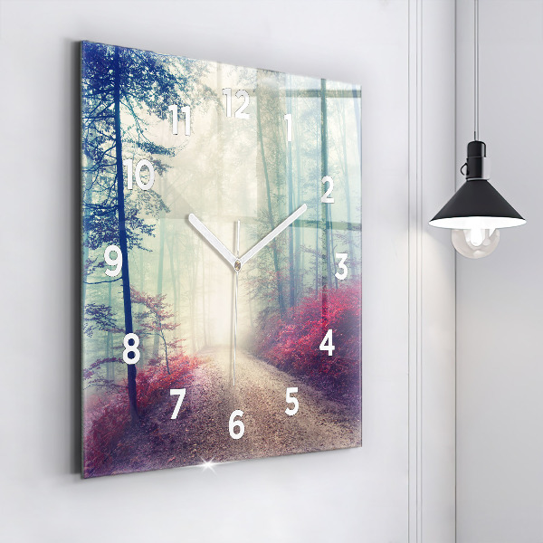 Square glass wall clock Autumn road Forest Fog