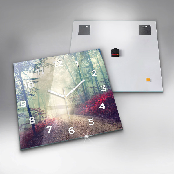 Square glass wall clock Autumn road Forest Fog