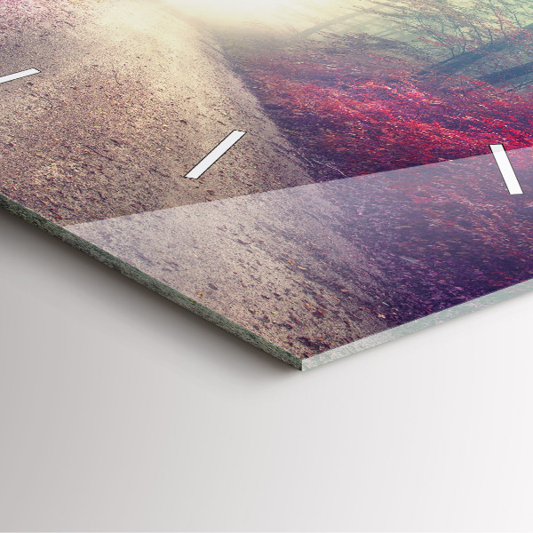 Square glass wall clock Autumn road Forest Fog