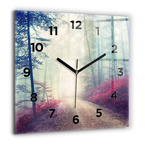 Square glass wall clock Autumn road Forest Fog