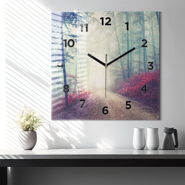Square glass wall clock Autumn road Forest Fog