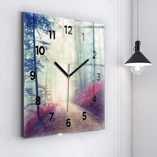 Square glass wall clock Autumn road Forest Fog