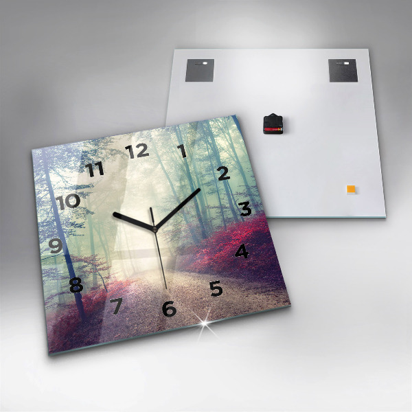 Square glass wall clock Autumn road Forest Fog