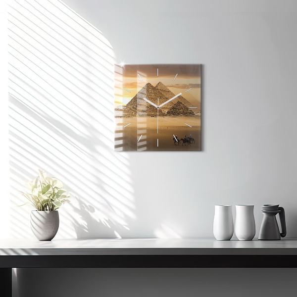 Square glass wall clock Pyramids and sunset