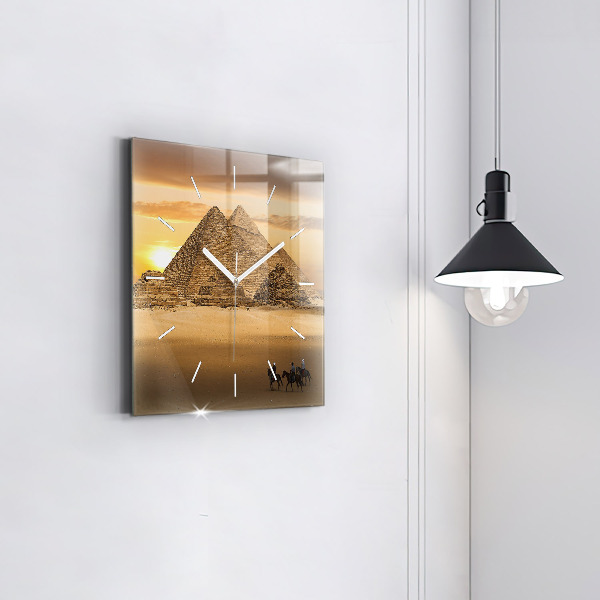 Square glass wall clock Pyramids and sunset