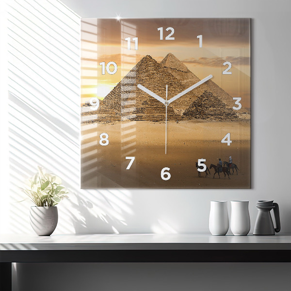 Square glass wall clock Pyramids and sunset