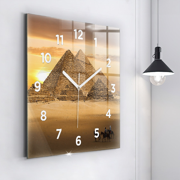 Square glass wall clock Pyramids and sunset