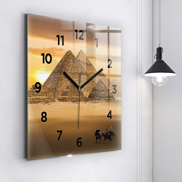 Square glass wall clock Pyramids and sunset