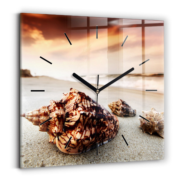 Square glass wall clock A shell on the beach