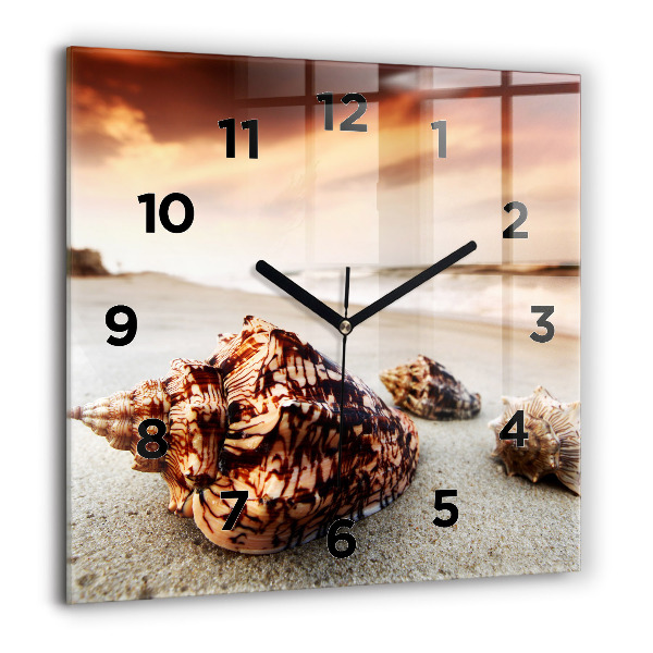 Square glass wall clock A shell on the beach