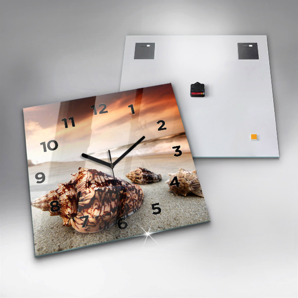 Square glass wall clock A shell on the beach