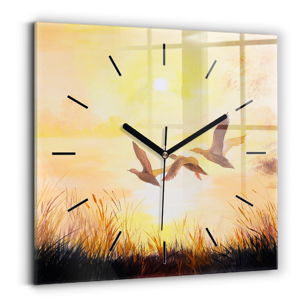 Square glass wall clock Cranes at sunset