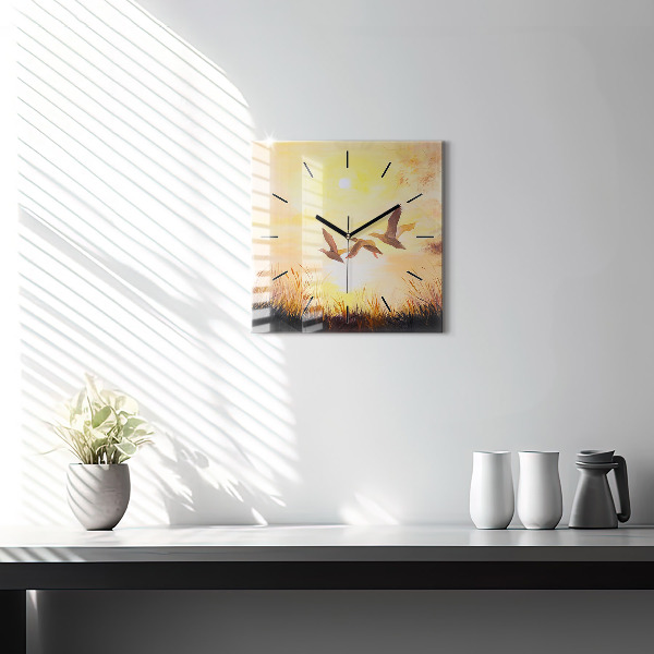 Square glass wall clock Cranes at sunset