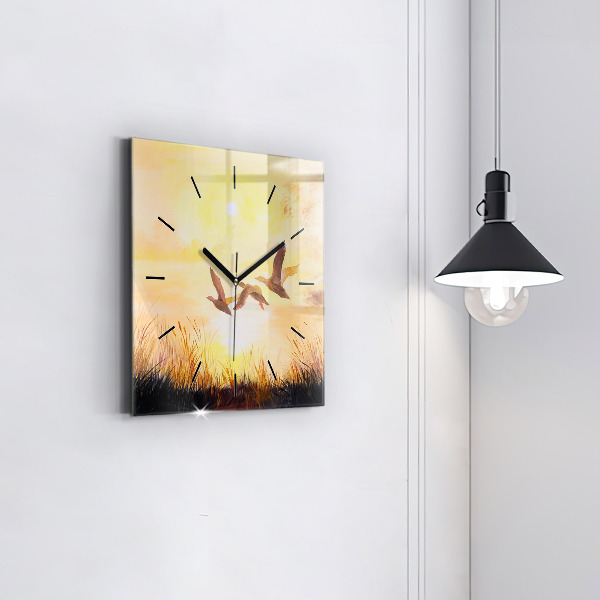 Square glass wall clock Cranes at sunset