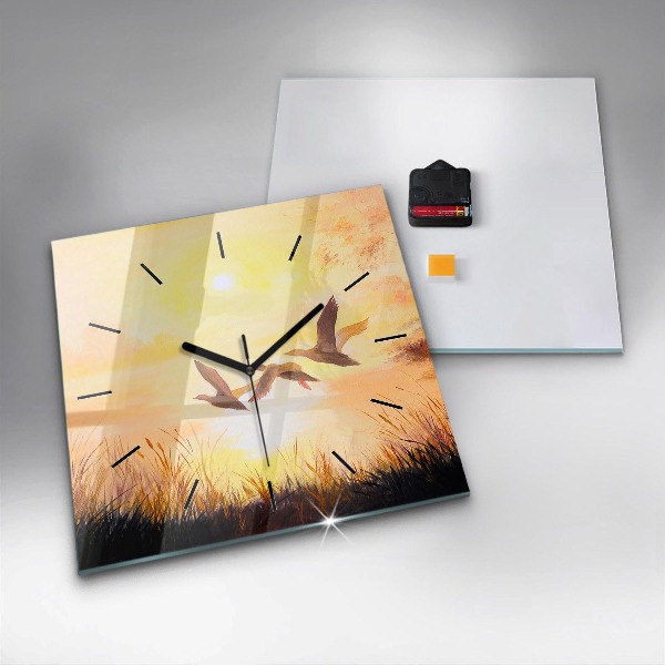 Square glass wall clock Cranes at sunset