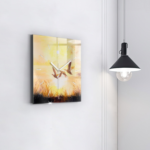 Square glass wall clock Cranes at sunset
