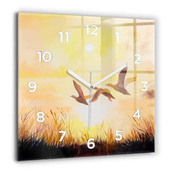 Square glass wall clock Cranes at sunset