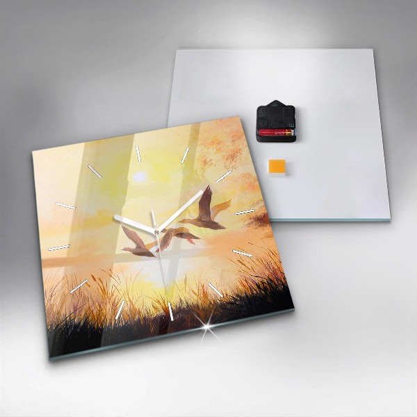 Square glass wall clock Cranes at sunset