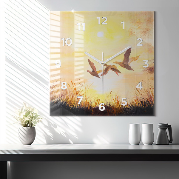 Square glass wall clock Cranes at sunset