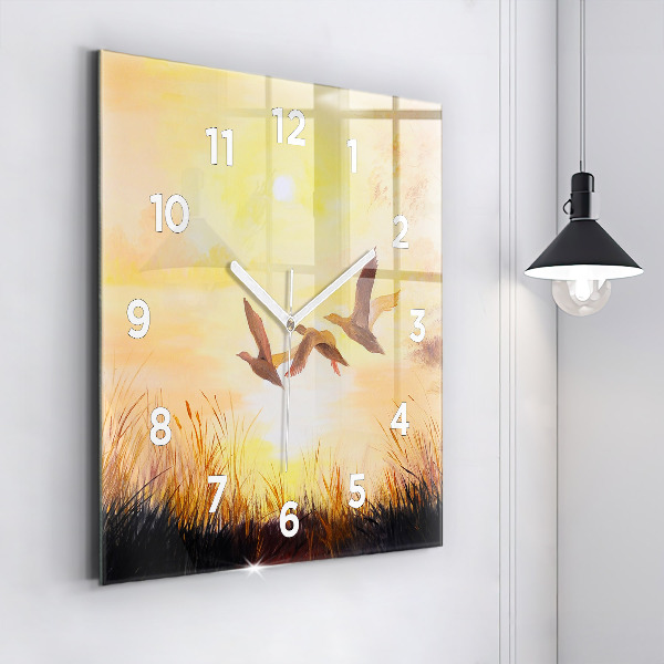 Square glass wall clock Cranes at sunset